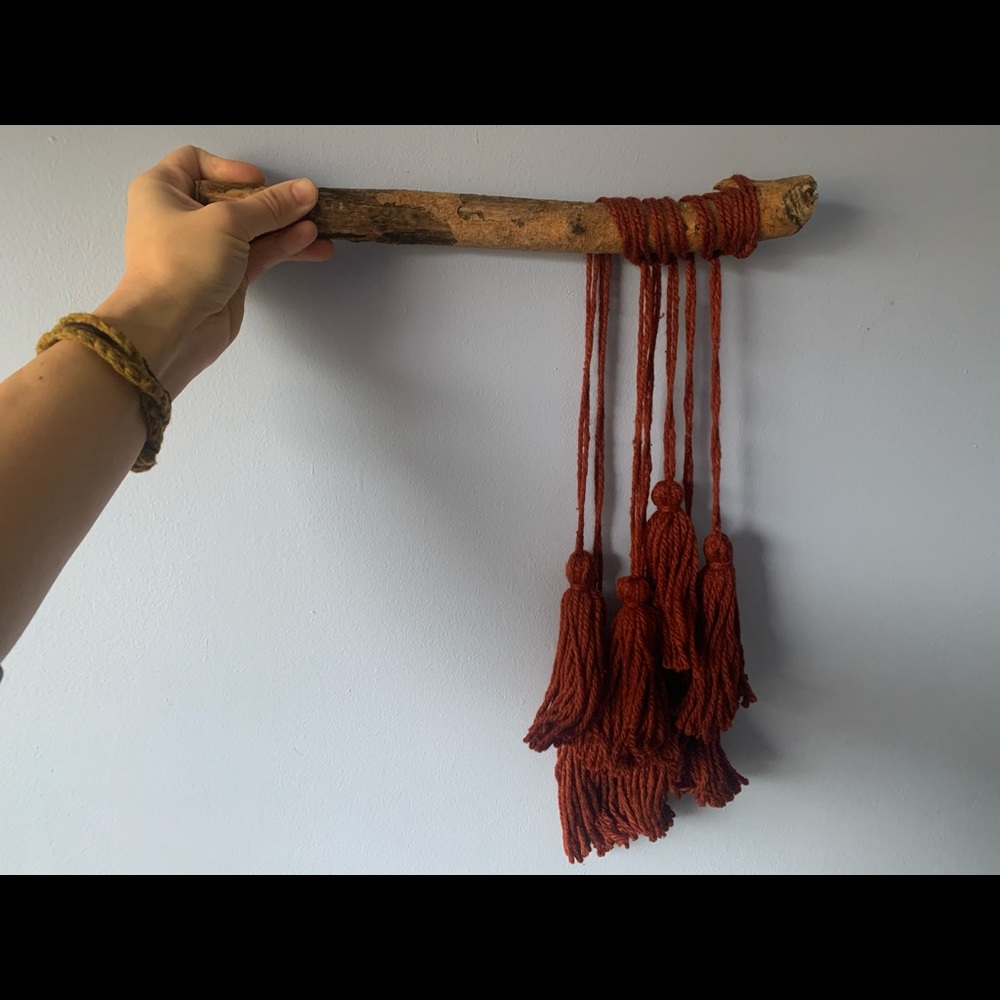 Macrame wall hanging, burnt red and salvaged wood